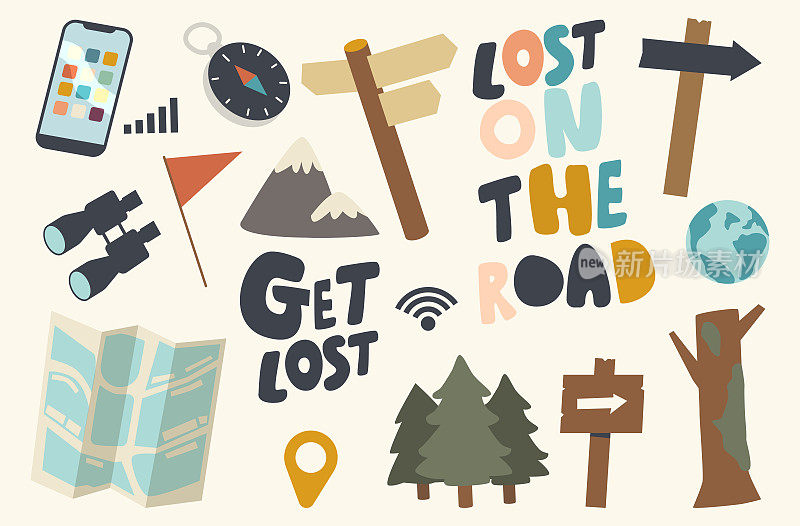 Set Icons Get Lost in Forest or Road Theme. Pointer, Compass and Binoculars, Trees, Red Flag and Map for Searching Way